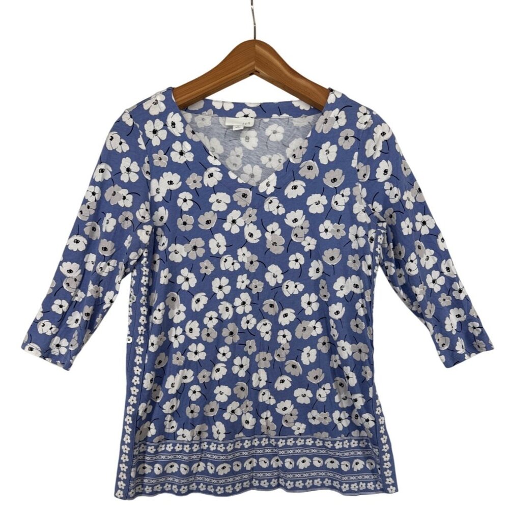 J.Jill Womens Top Sz S Petite Blue Floral Jersey Knit Tunic CottageCore Fairy